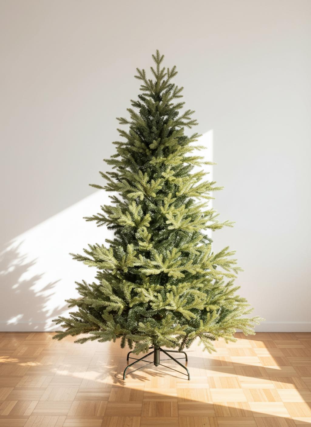 Sapin de Noël artificiel vert sur un sol en bois