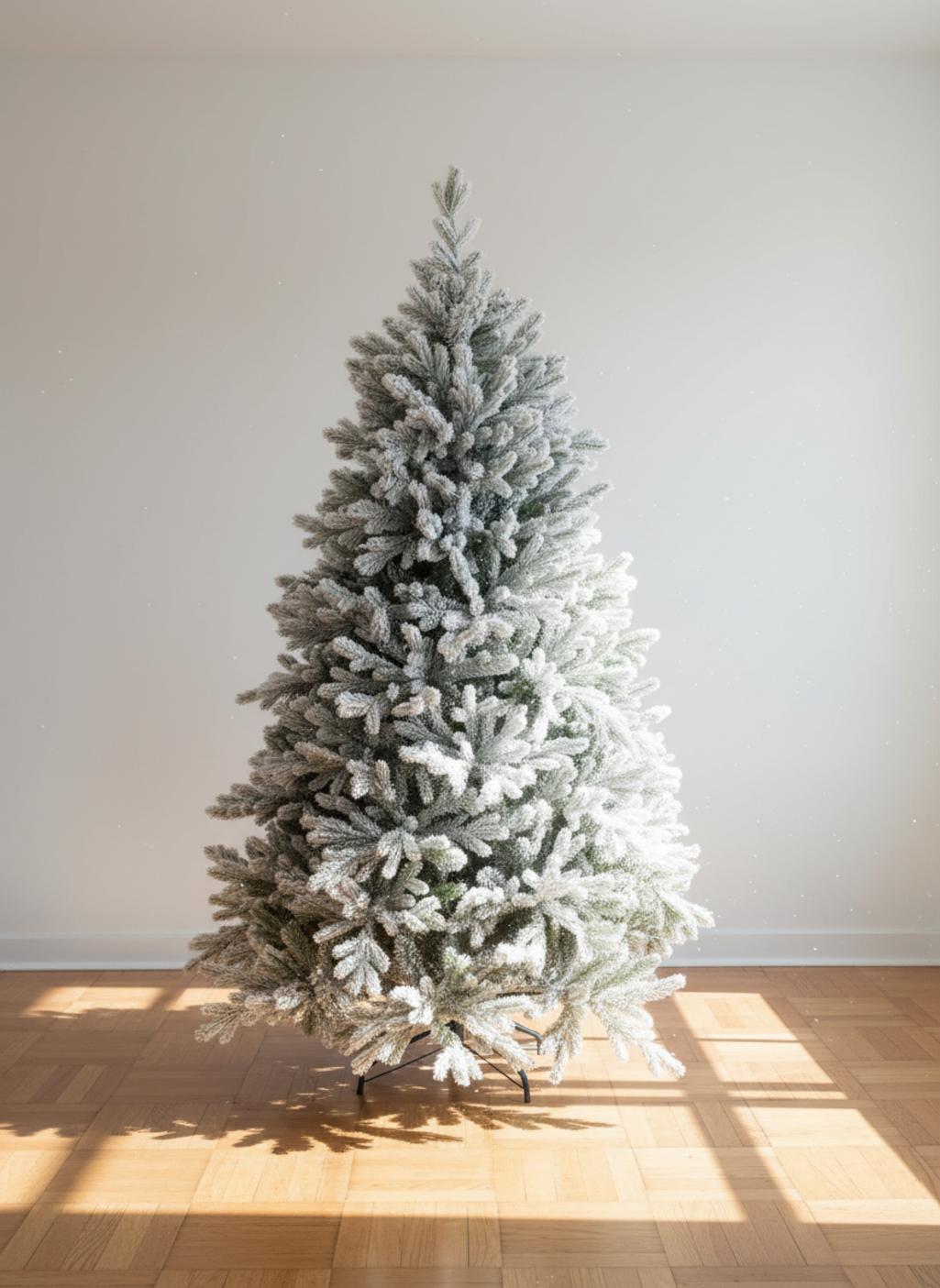 Sapin de Noël enneigé sur parquet en bois avec des rayons de soleil