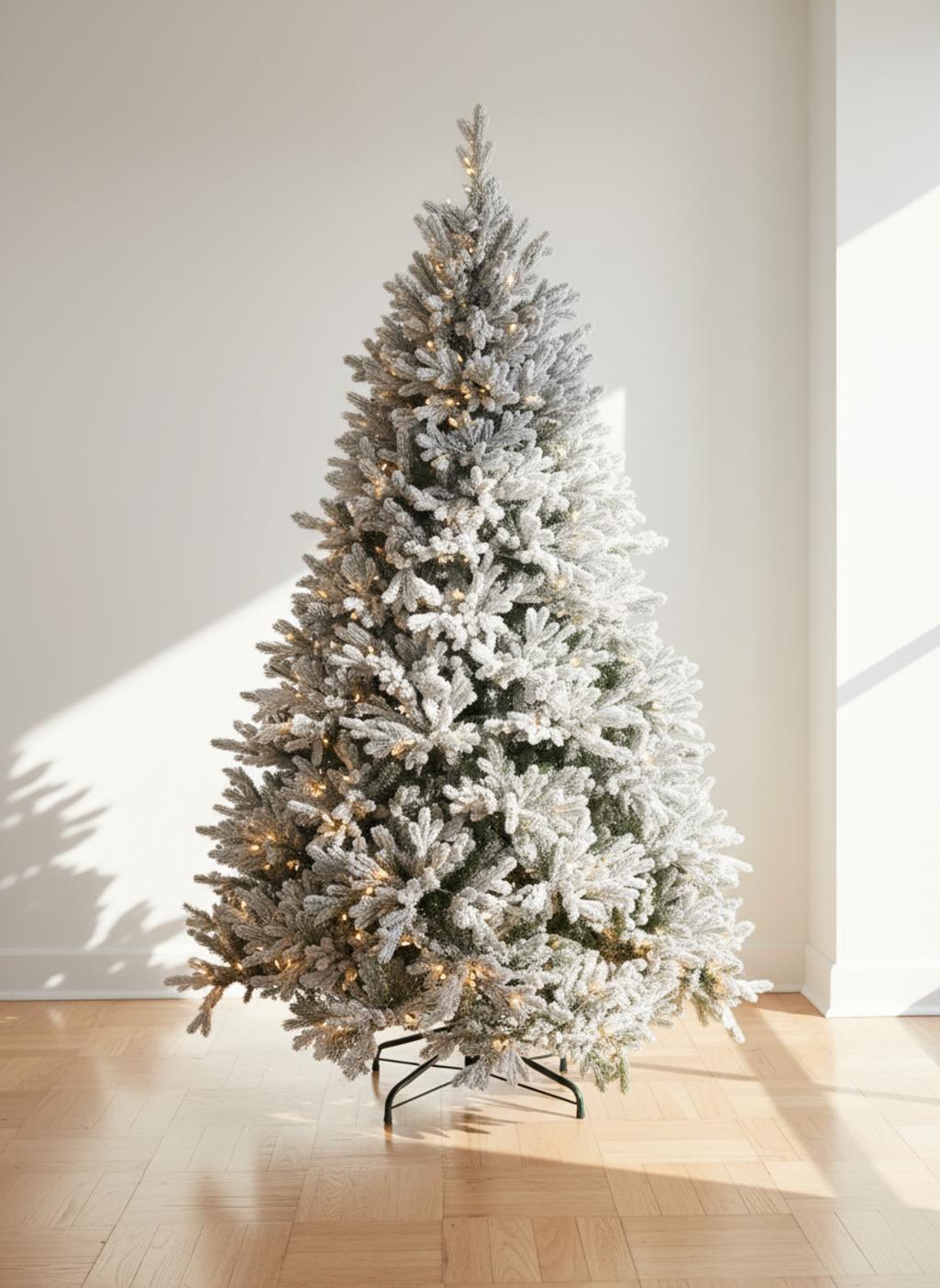 Arbre de Noël enneigé avec des guirlandes lumineuses