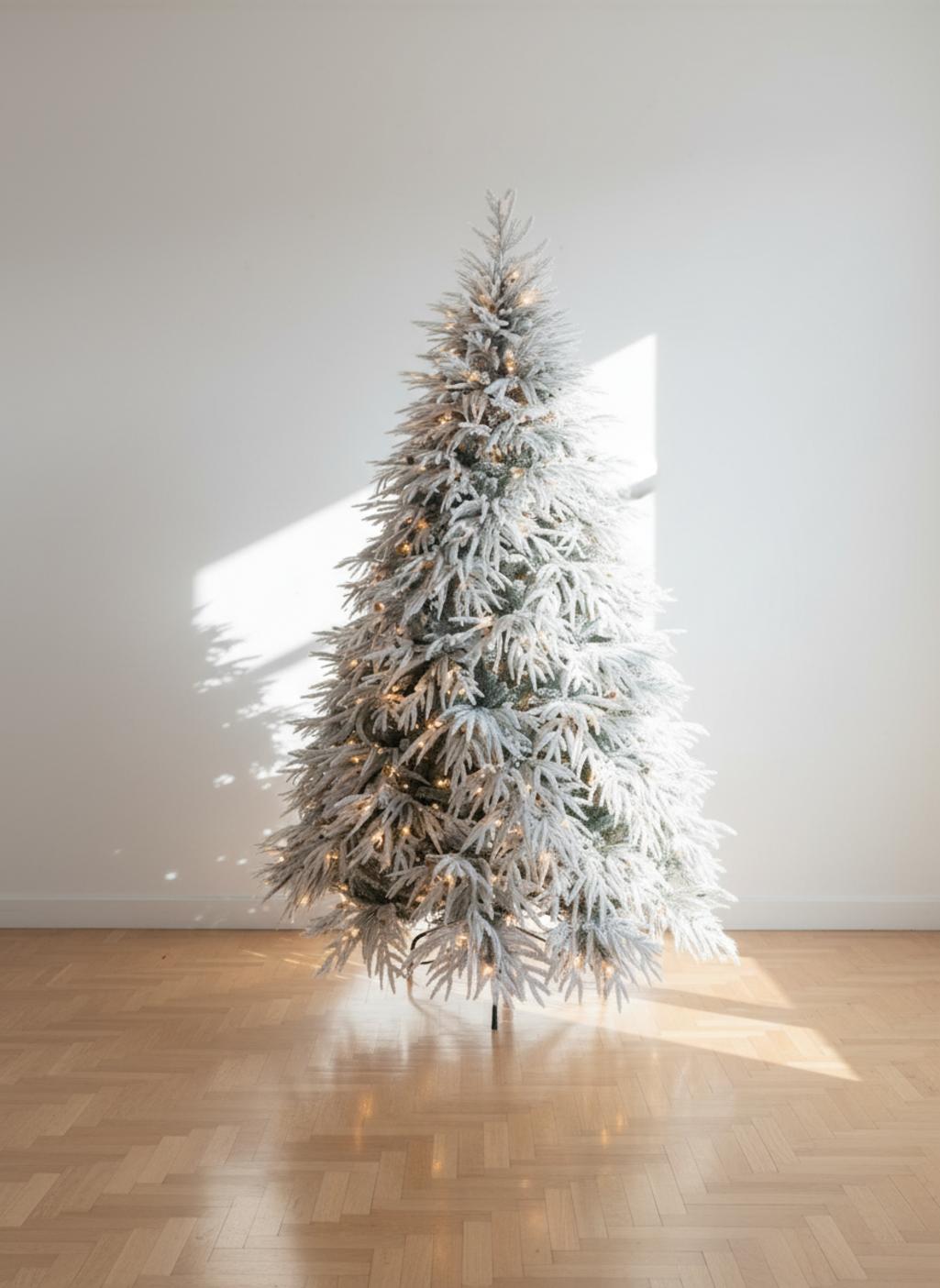 Sapin de Noël enneigé avec guirlandes lumineuses