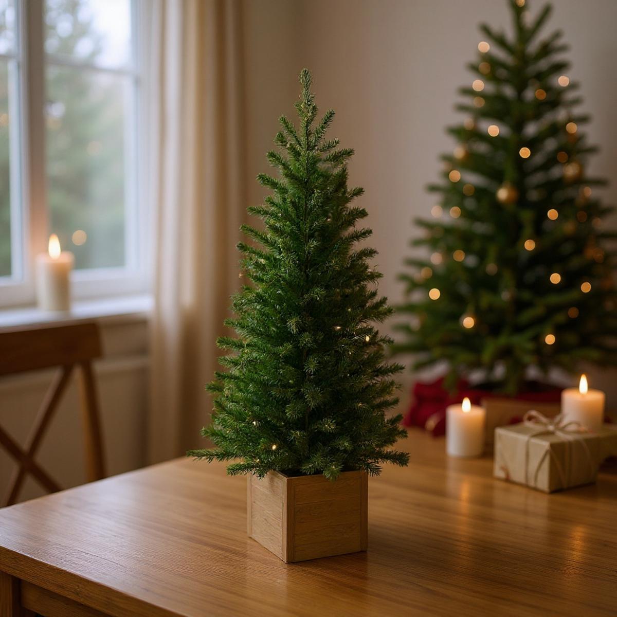 Petit sapin de Noël décoré sur une table en bois avec des bougies et un cadeau