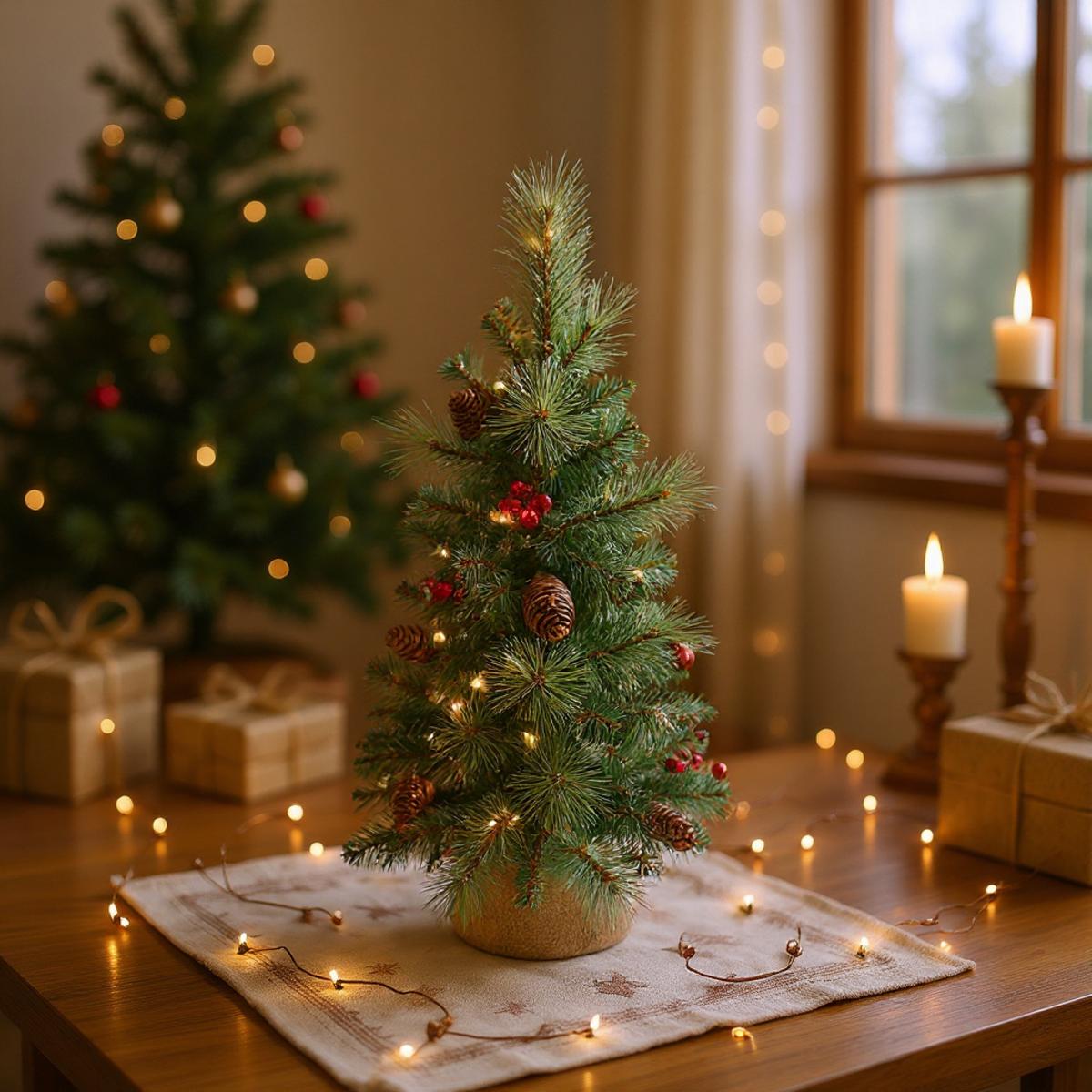 Petit sapin de Noël décoré de pommes de pin et de baies rouges, illuminé par des guirlandes lumineuses