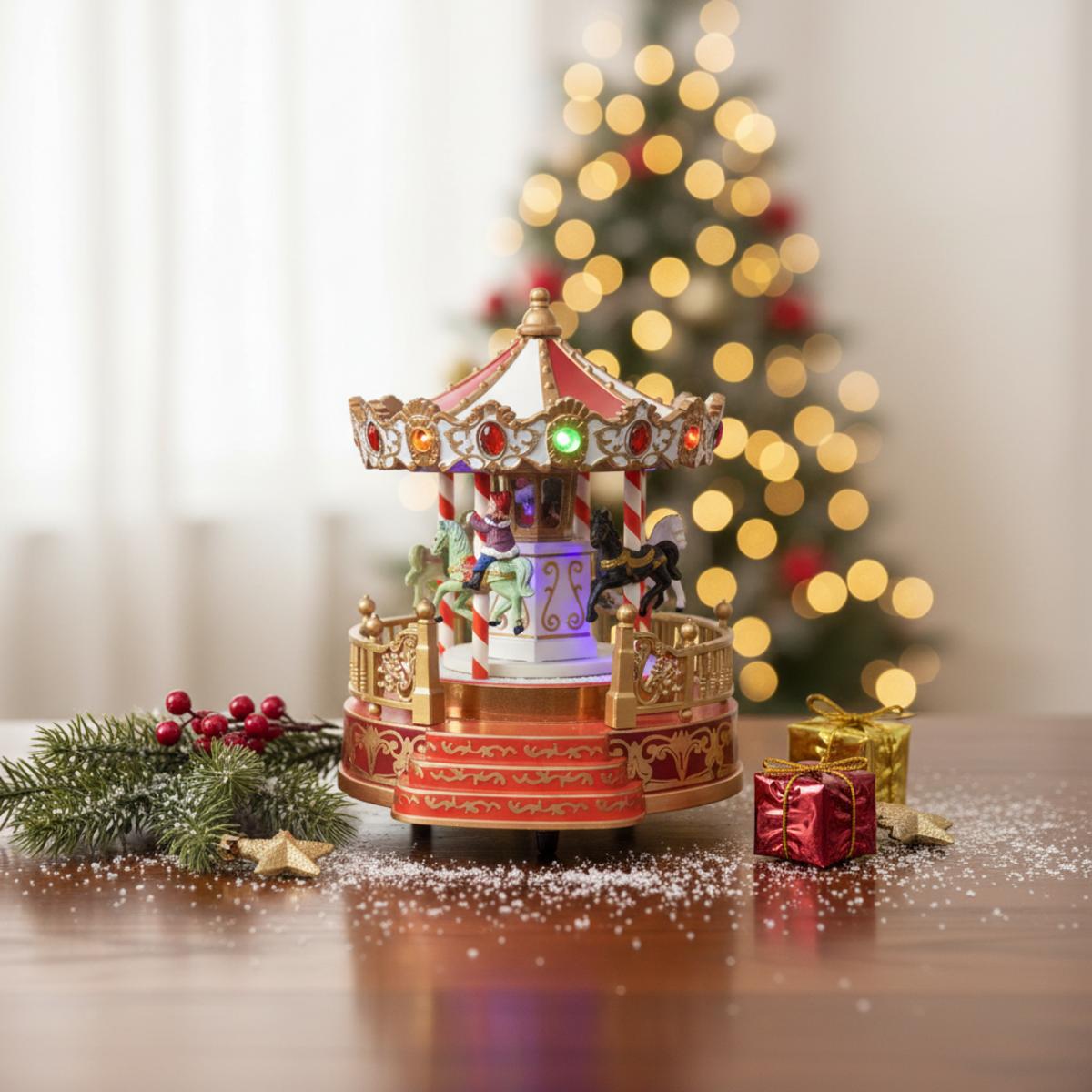 Carrousel de Noël illuminé avec des chevaux, sapin de Noël en arrière-plan