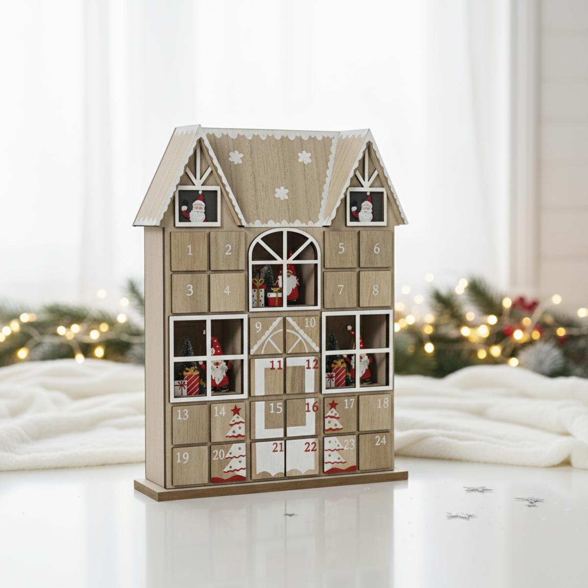 Calendrier de l'avent en bois en forme de maison de Noël avec 24 portes numérotées