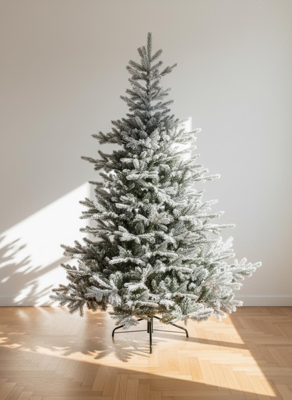 Albero di Natale innevato su un pavimento di legno, la luce del sole proietta ombre