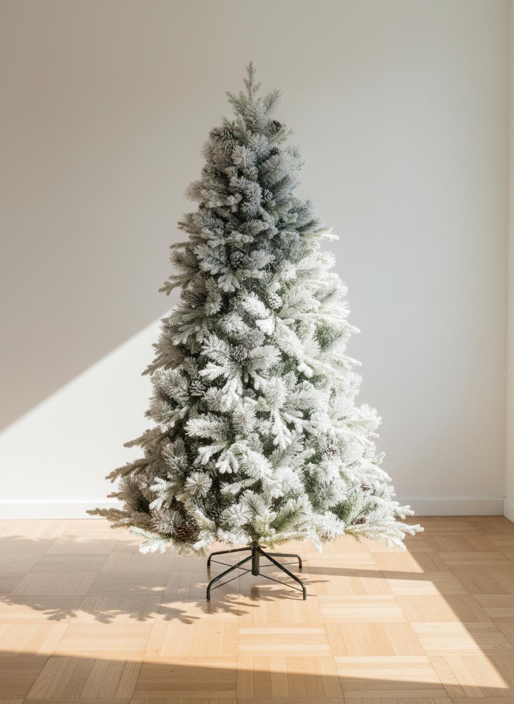 Albero di Natale innevato con pigne su un pavimento di legno