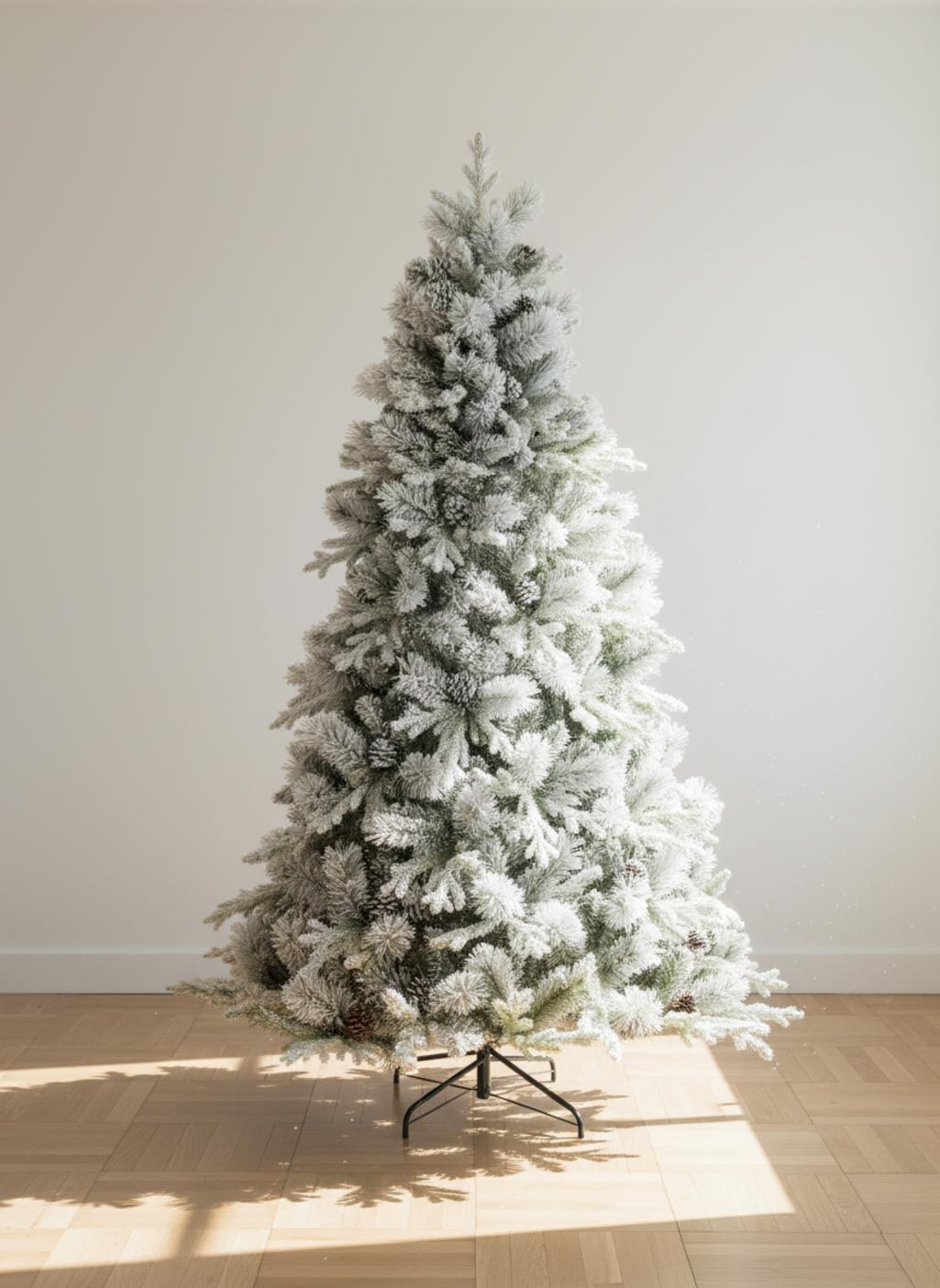 Snow-covered Christmas tree with pine cones on a wooden floor