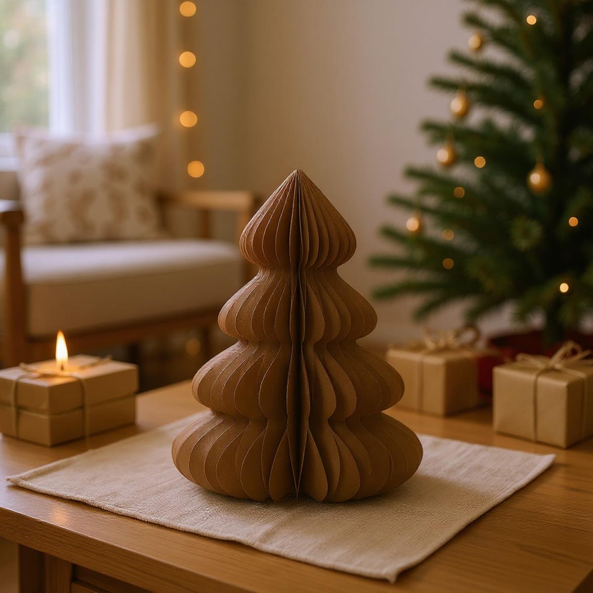 Arbre de Noël en carton sur une table avec des cadeaux et une bougie allumée