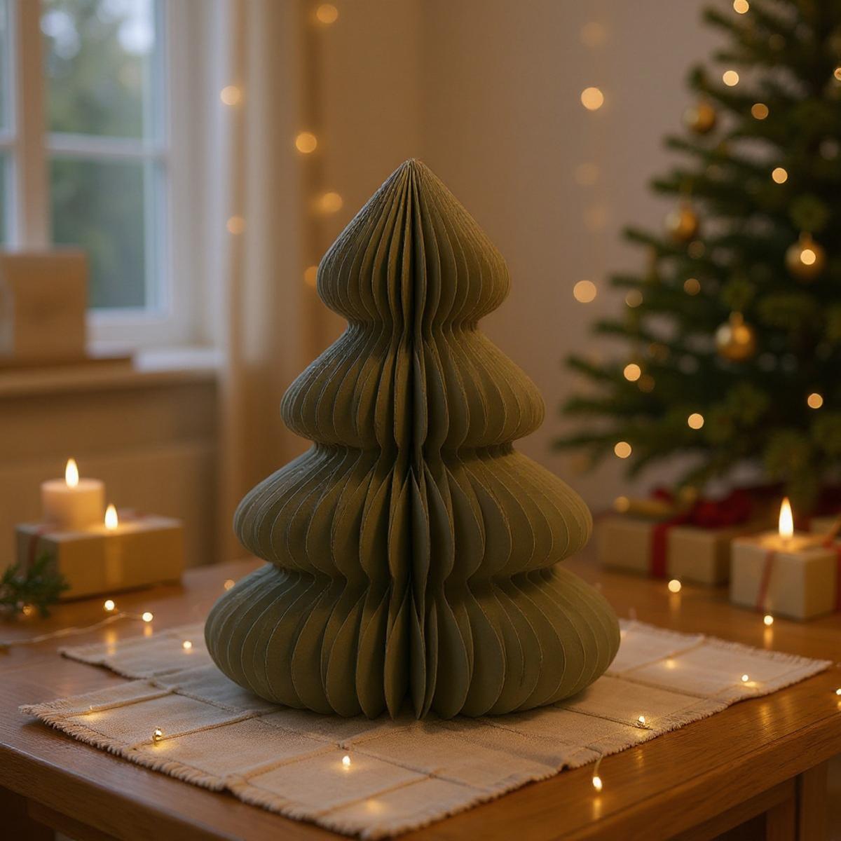Un albero di Natale fatto di carta piegata su un tavolo con candele e lucine.