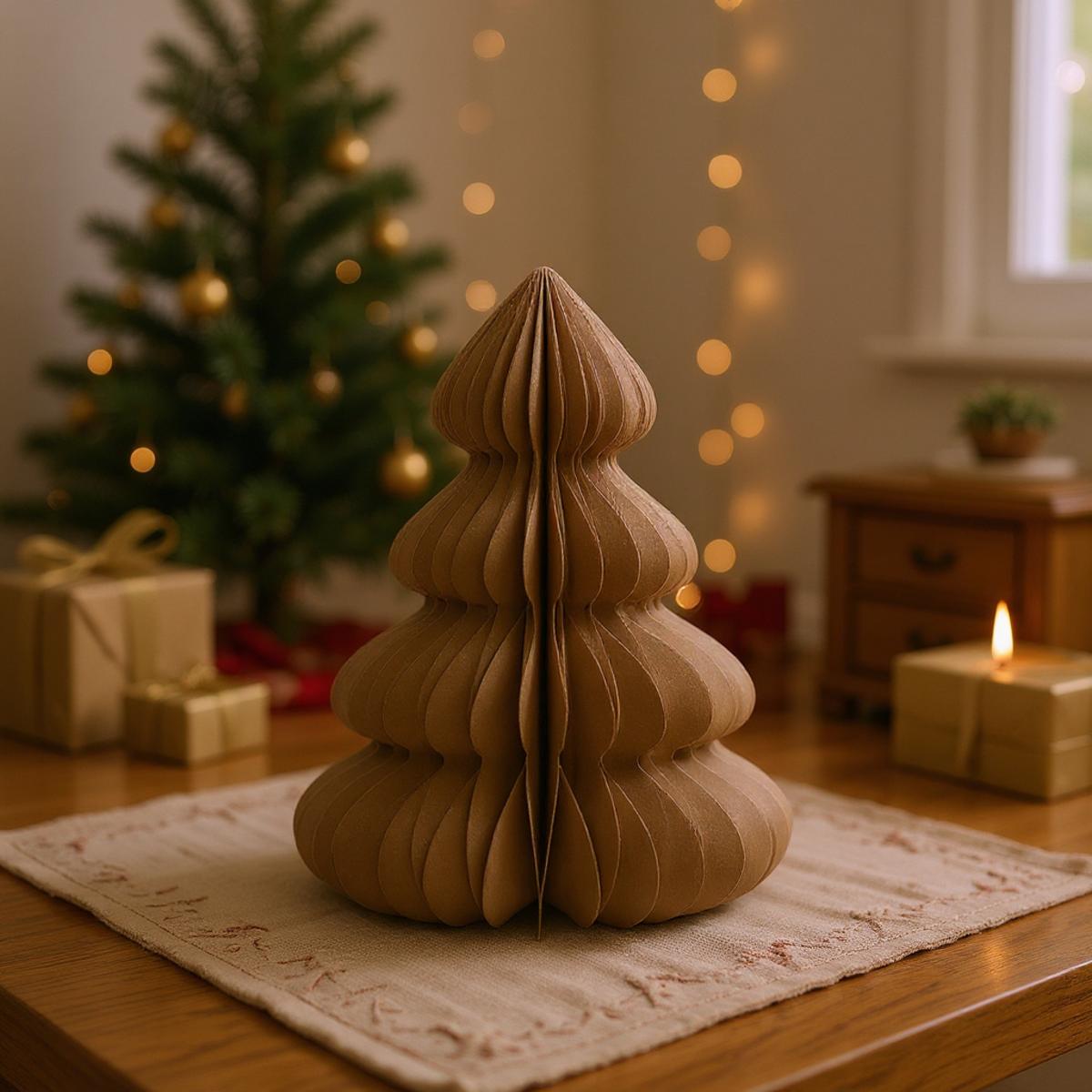 Arbre de Noël en carton sur une table avec des cadeaux et des lumières