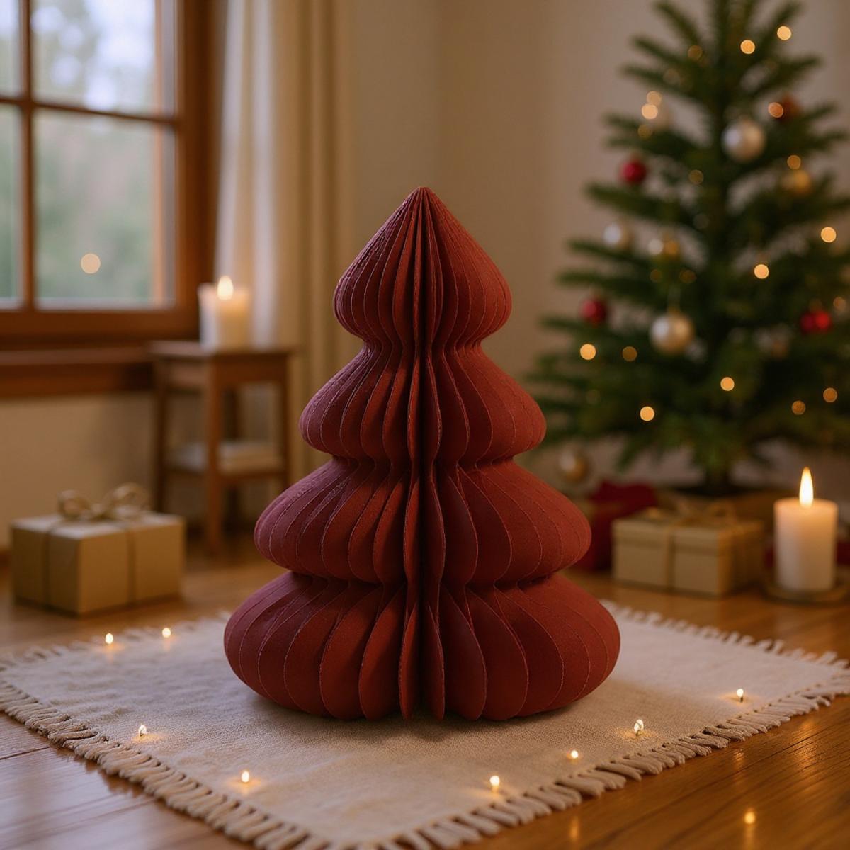 Arbre de Noël décoratif rouge sur un tapis avec des bougies et des cadeaux