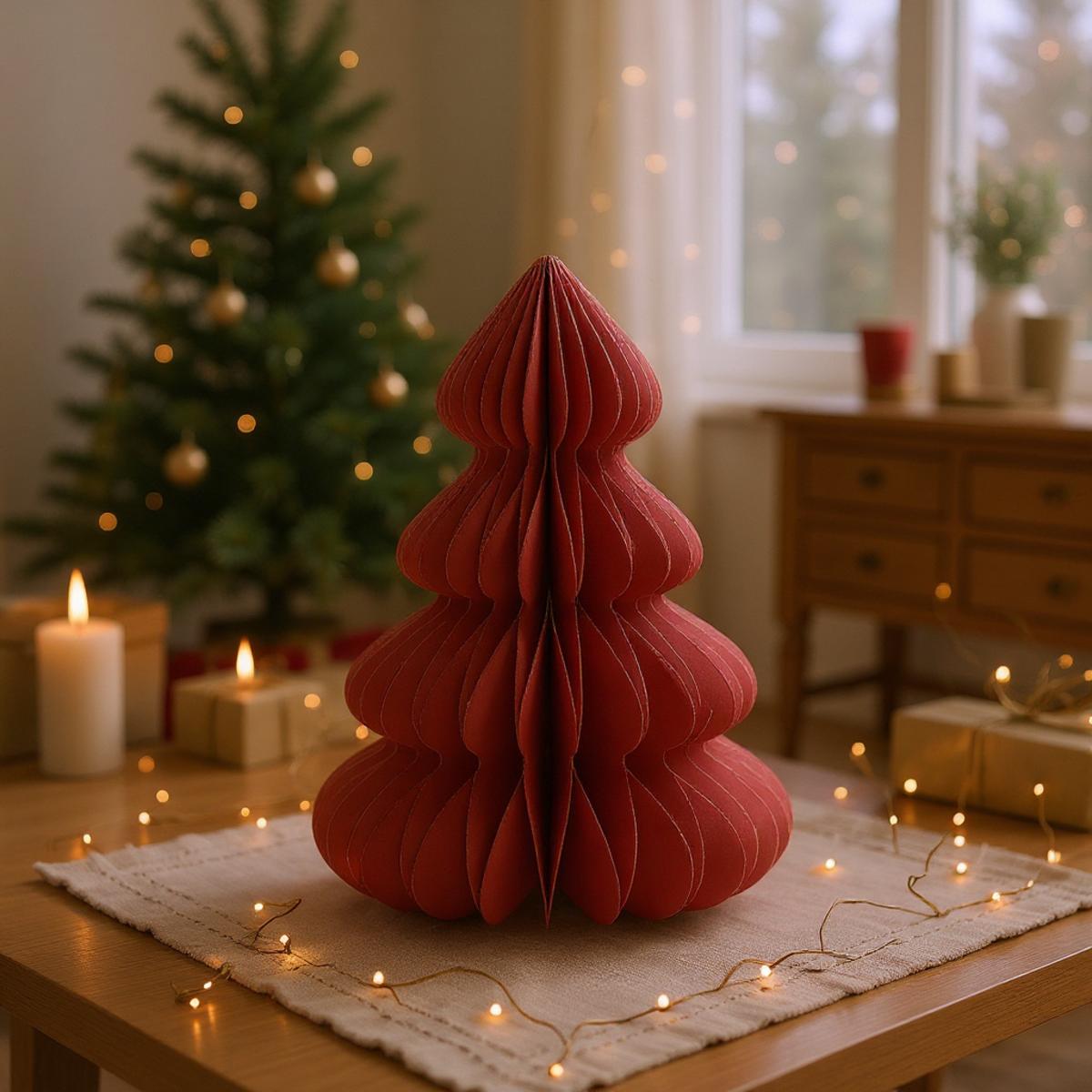 Arbre de Noël rouge en papier avec des guirlandes lumineuses