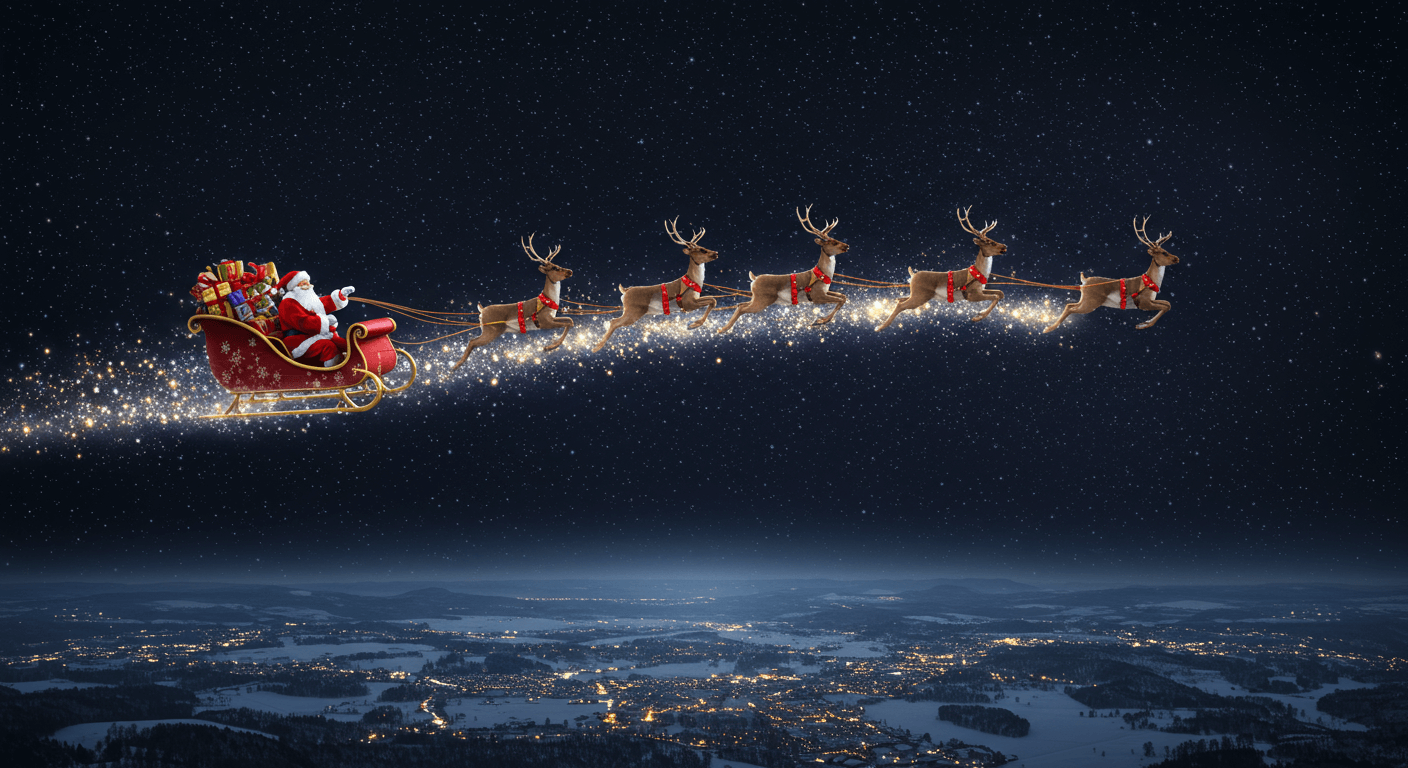 Père Noël dans son traîneau tiré par des rennes, survolant une ville illuminée la nuit