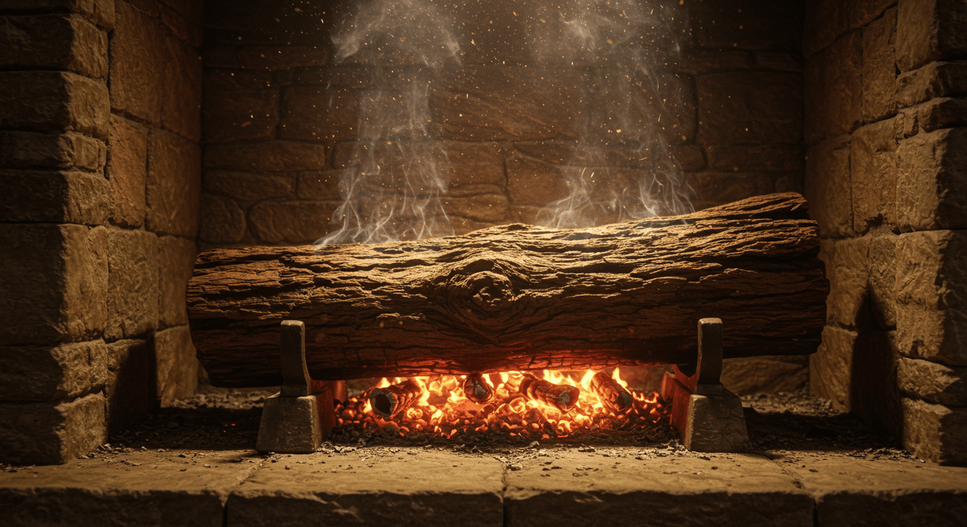 Grosse bûche sur un feu de cheminée en briques, avec de la fumée et des braises incandescentes