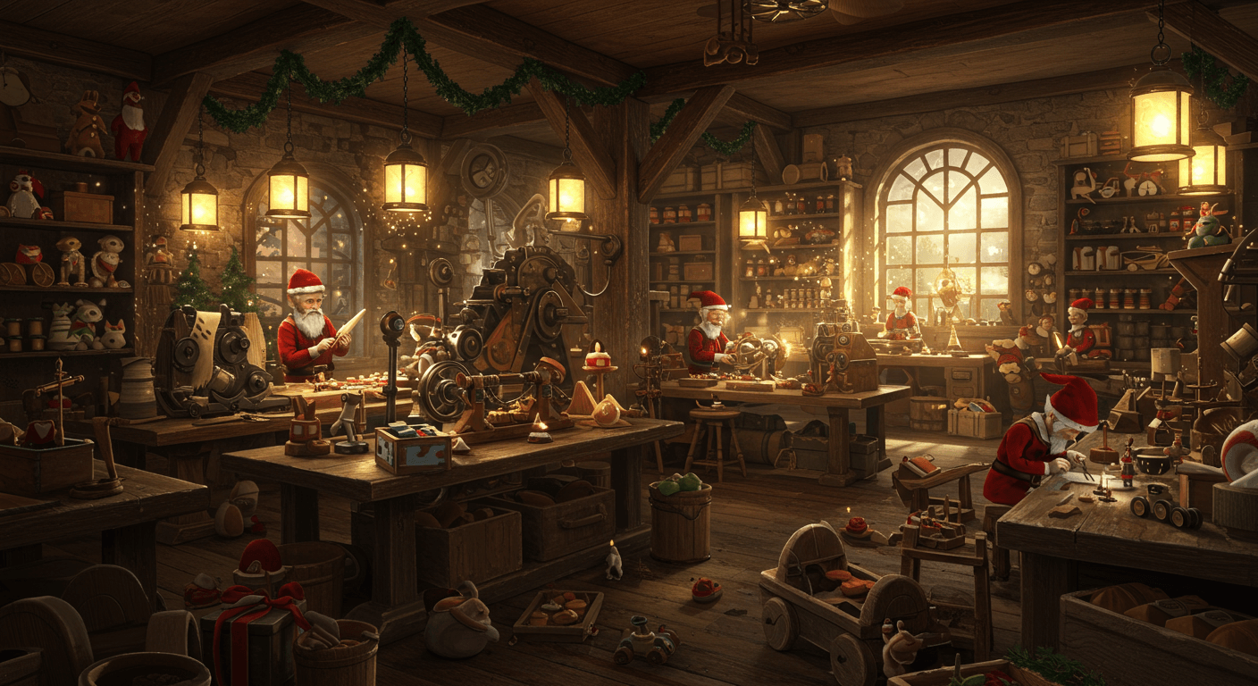 Atelier du Père Noël avec des lutins fabriquant des jouets