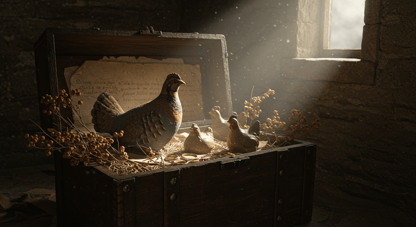 Coffre ouvert avec des poules en céramique et un rouleau de papier ancien