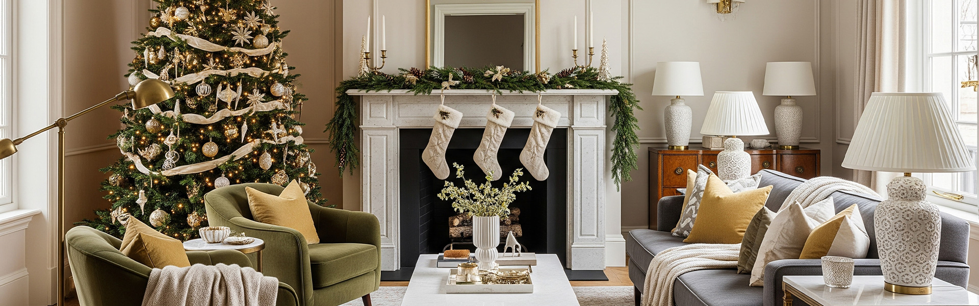 Salon décoré pour Noël avec sapin, cheminée et canapé
