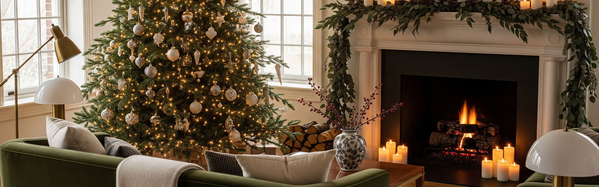 Arbre de Noël décoré, cheminée allumée et canapé vert