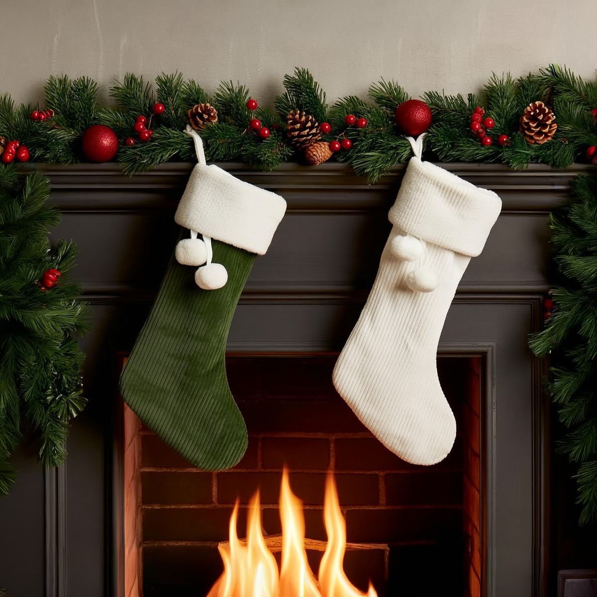 Calze di Natale verdi e bianche appese davanti a un camino con fiamme
