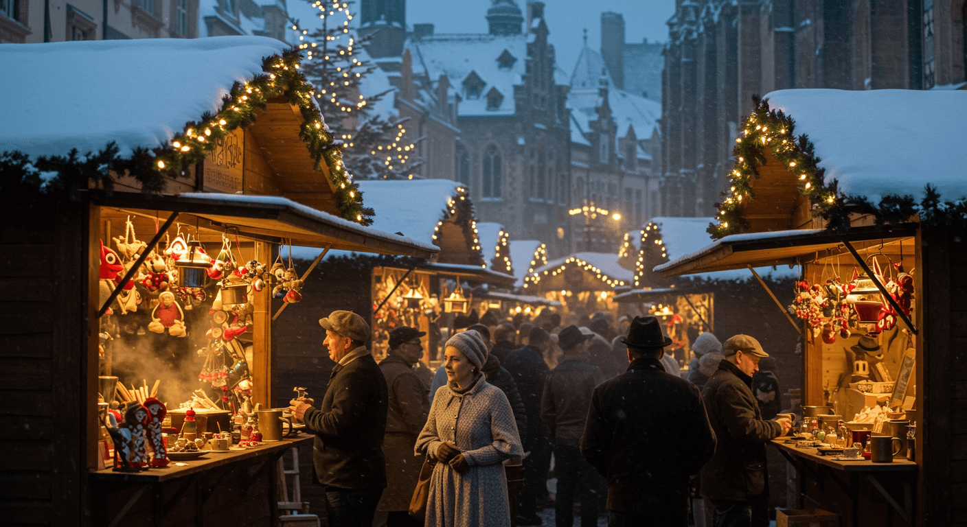 Marché de Noël enneigé avec des stands décorés de lumières et de décorations