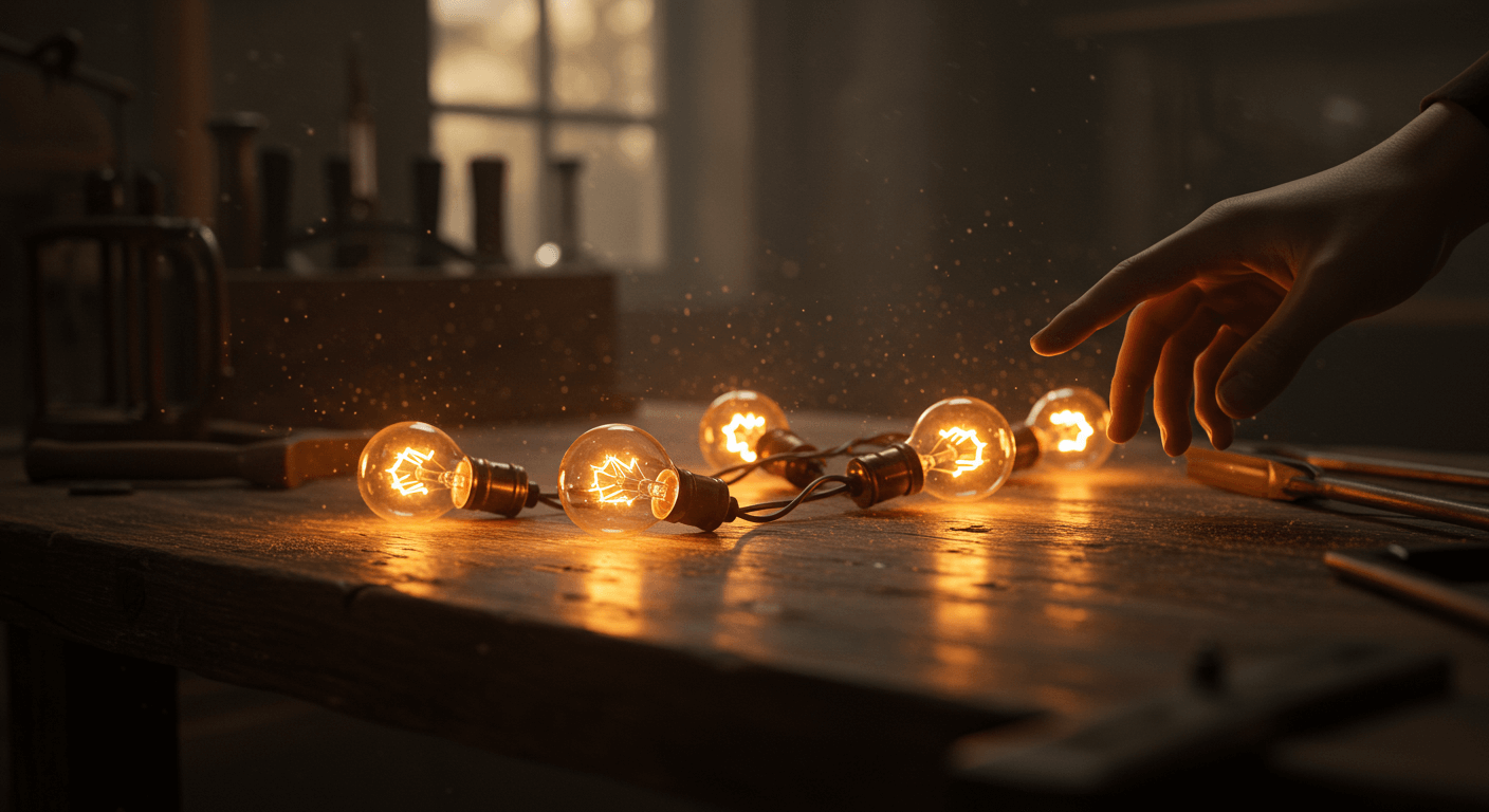 Main touchant des ampoules incandescentes sur une table en bois