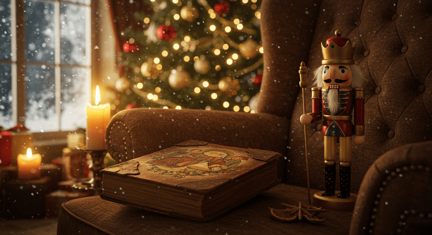 Casse-noisette, livre ancien et bougies devant un sapin de Noël décoré