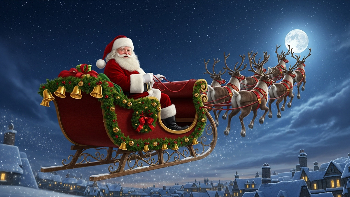 Père Noël dans son traîneau tiré par des rennes au clair de lune