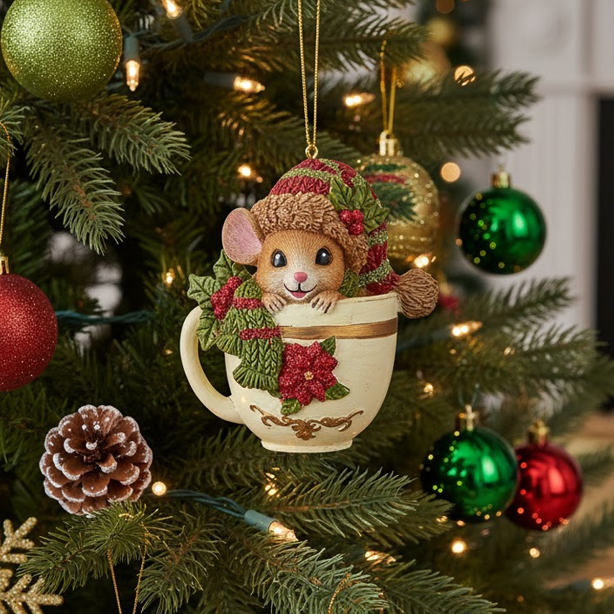 Ornement de souris de Noël dans une tasse avec un bonnet et une écharpe