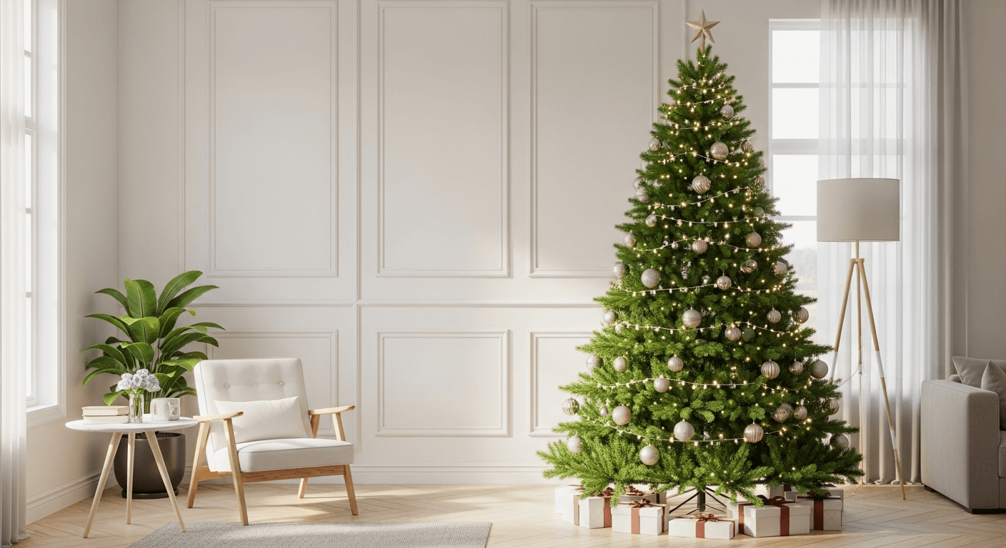 Arbre de Noël décoré avec des cadeaux et des lumières dans un salon
