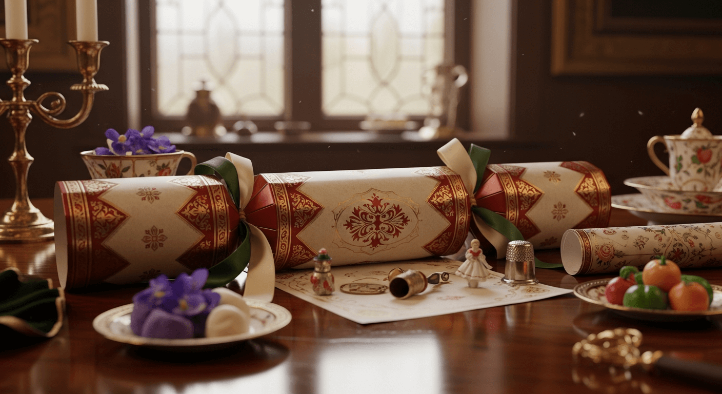 Cracker de Noël sur une table avec des bonbons et des tasses à thé