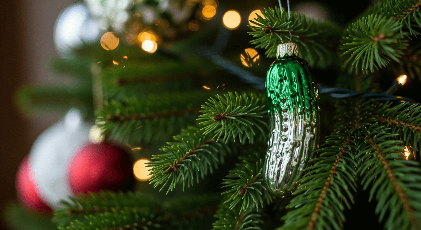 Décoration en forme de cornichon sur un sapin de Noël