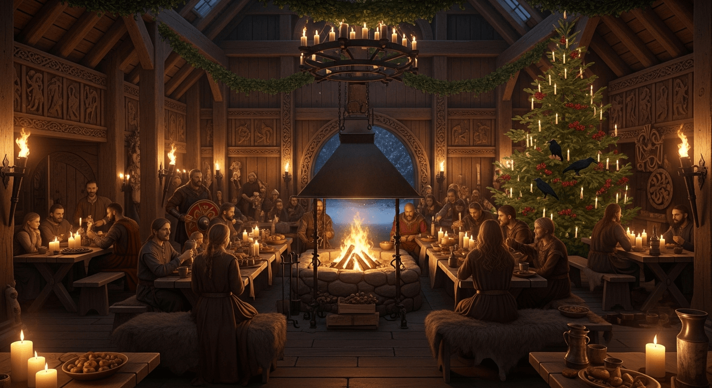 Banquets vikings dans une grande salle décorée pour Noël
