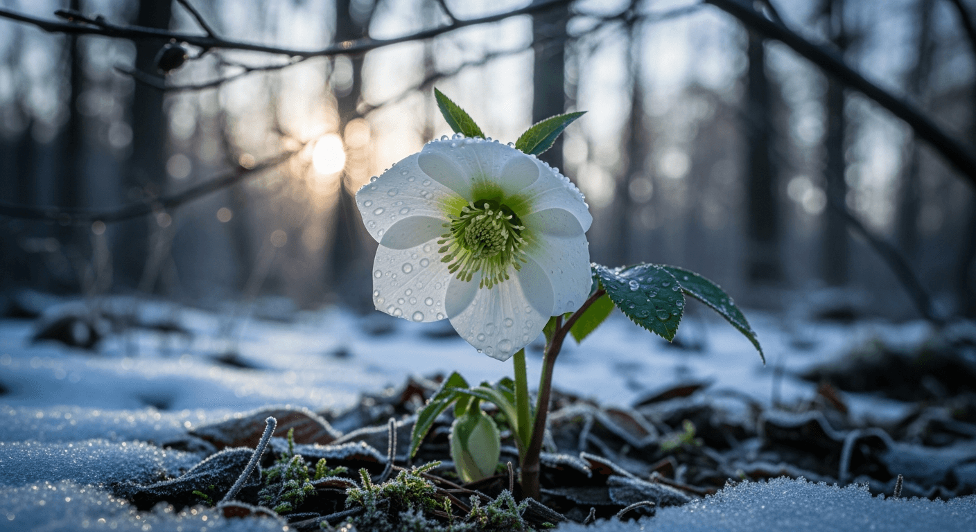 Fleur blanche couverte de gouttes de rosée dans un paysage enneigé