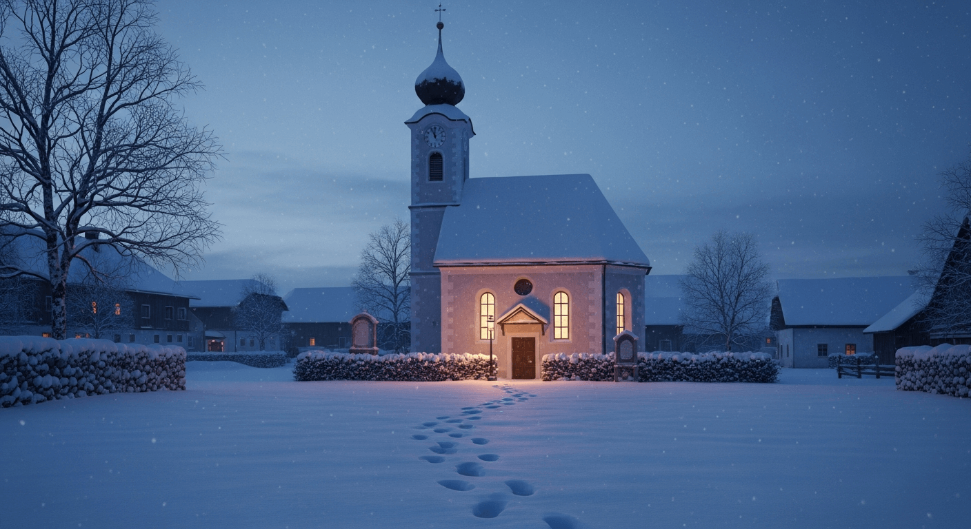 Iglesia cubierta de nieve por la noche con huellas que conducen a la puerta