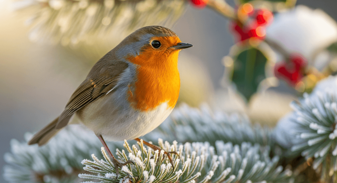 Robin on a frosted fir branch with holly