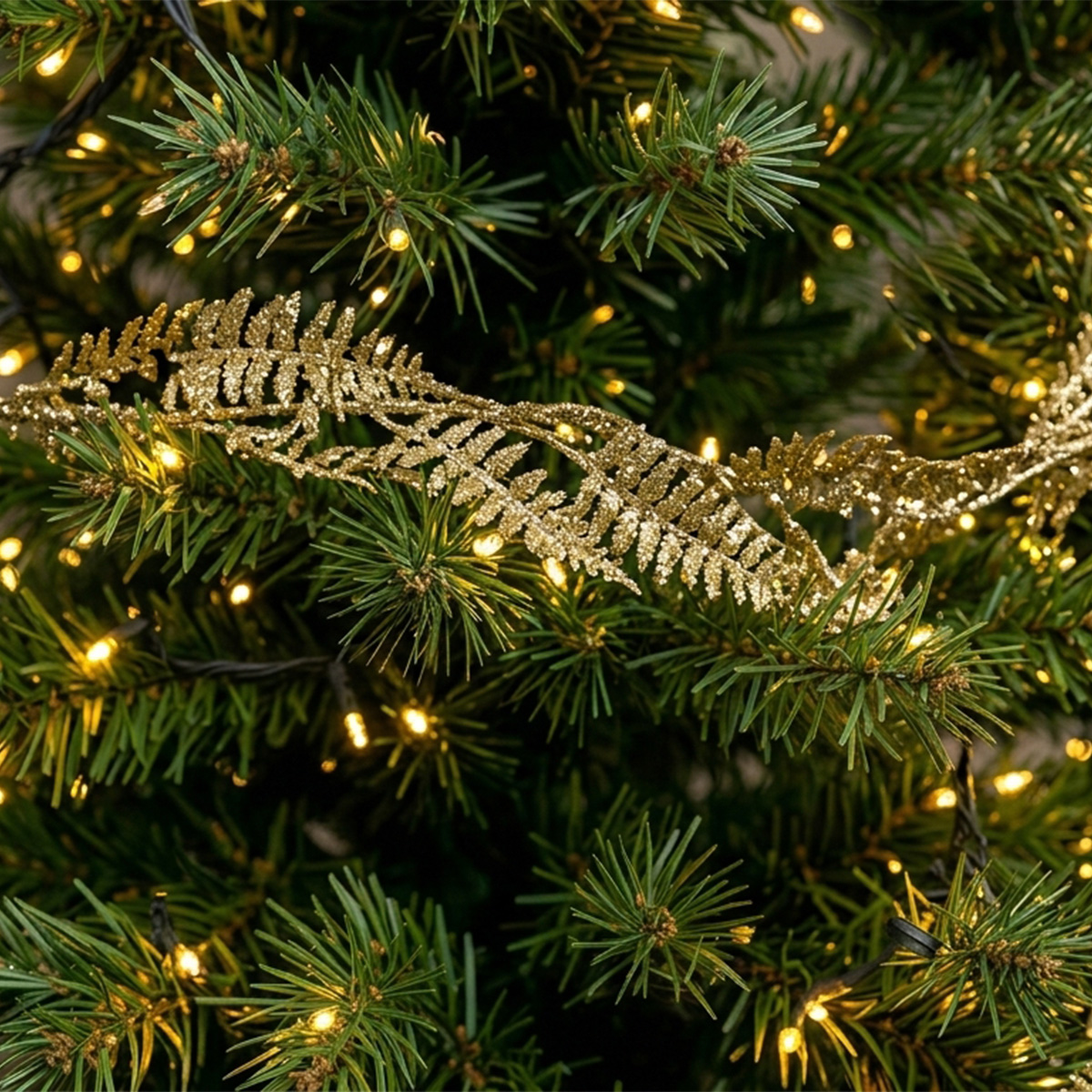 Guirlande dorée en forme de feuille sur un sapin de Noël avec des lumières chaudes