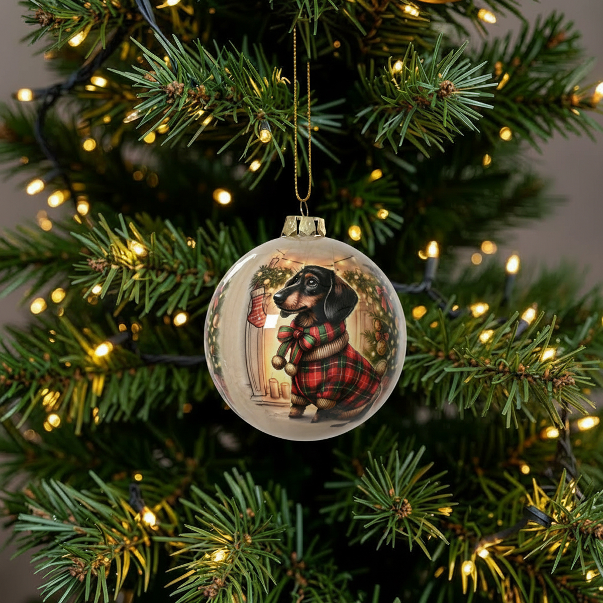 Boule de Noël avec un chien teckel en pull à carreaux