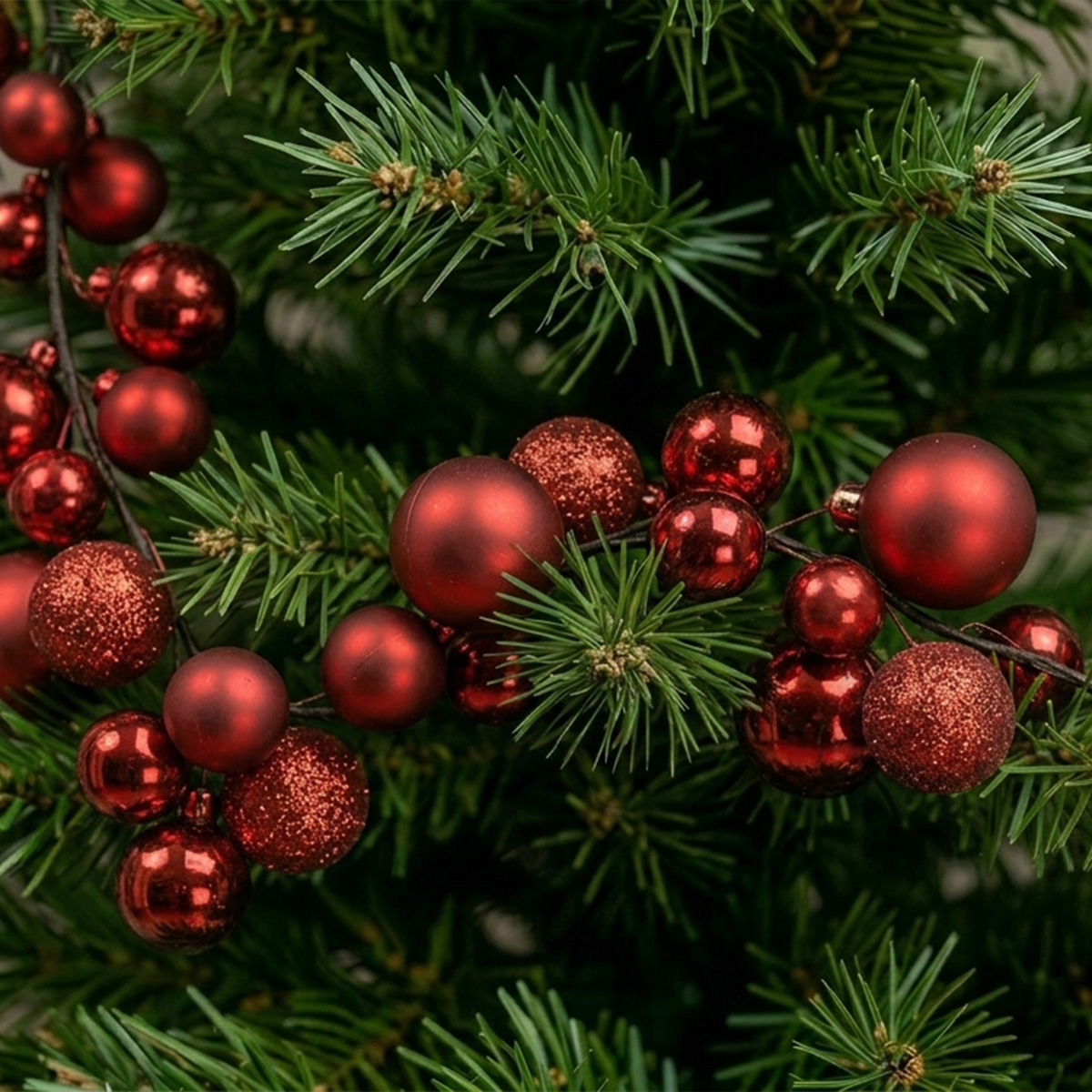 Boules de Noël rouges sur un sapin vert