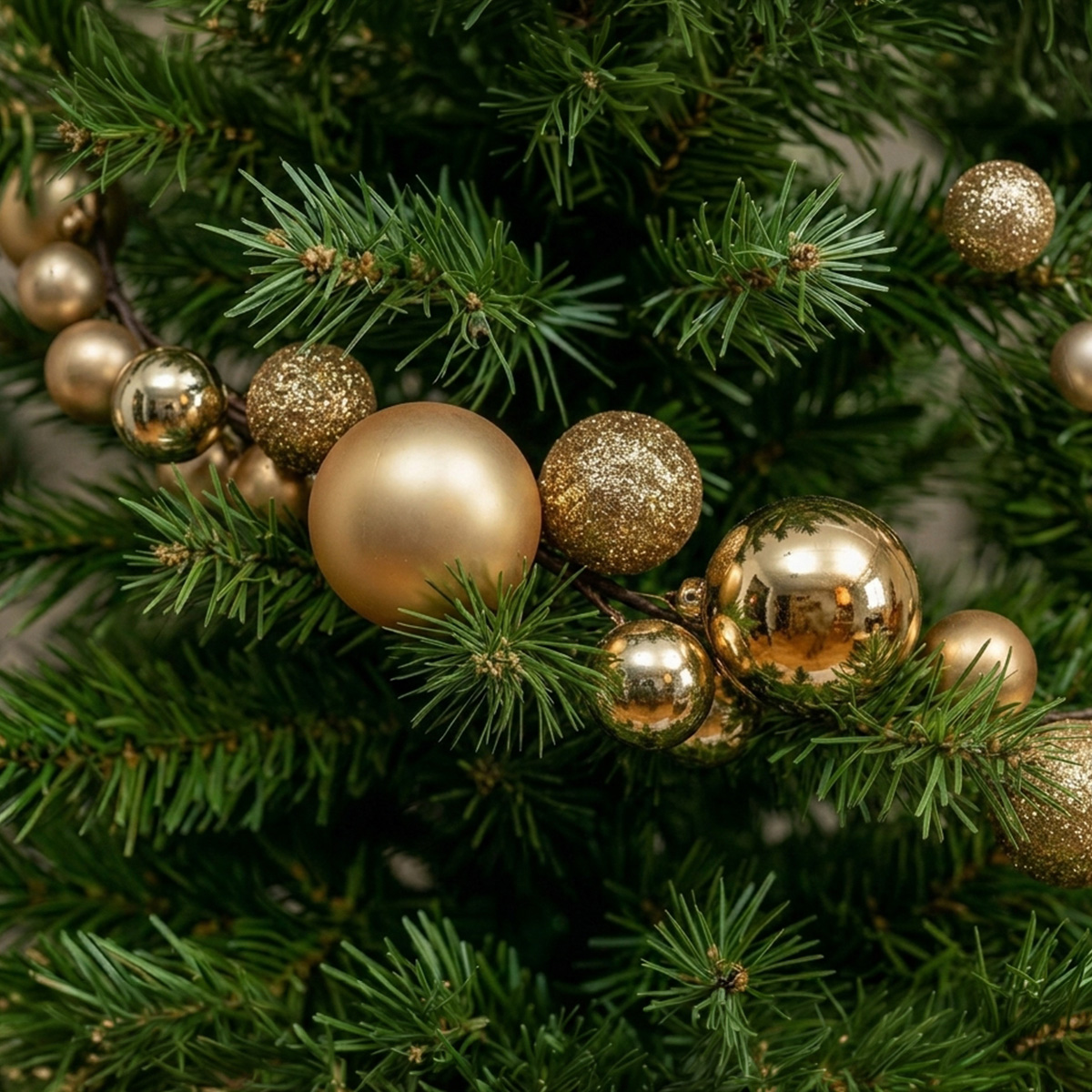 Boules de Noël dorées sur un sapin vert