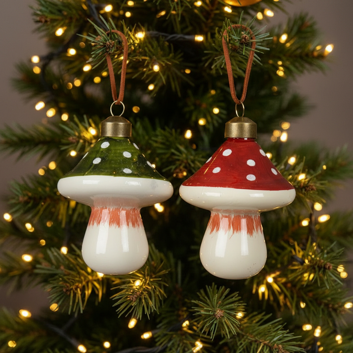 Deux décorations de Noël champignon sur un sapin illuminé