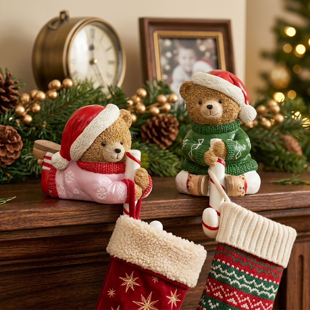 Figurines d'oursons de Noël avec des bas suspendus