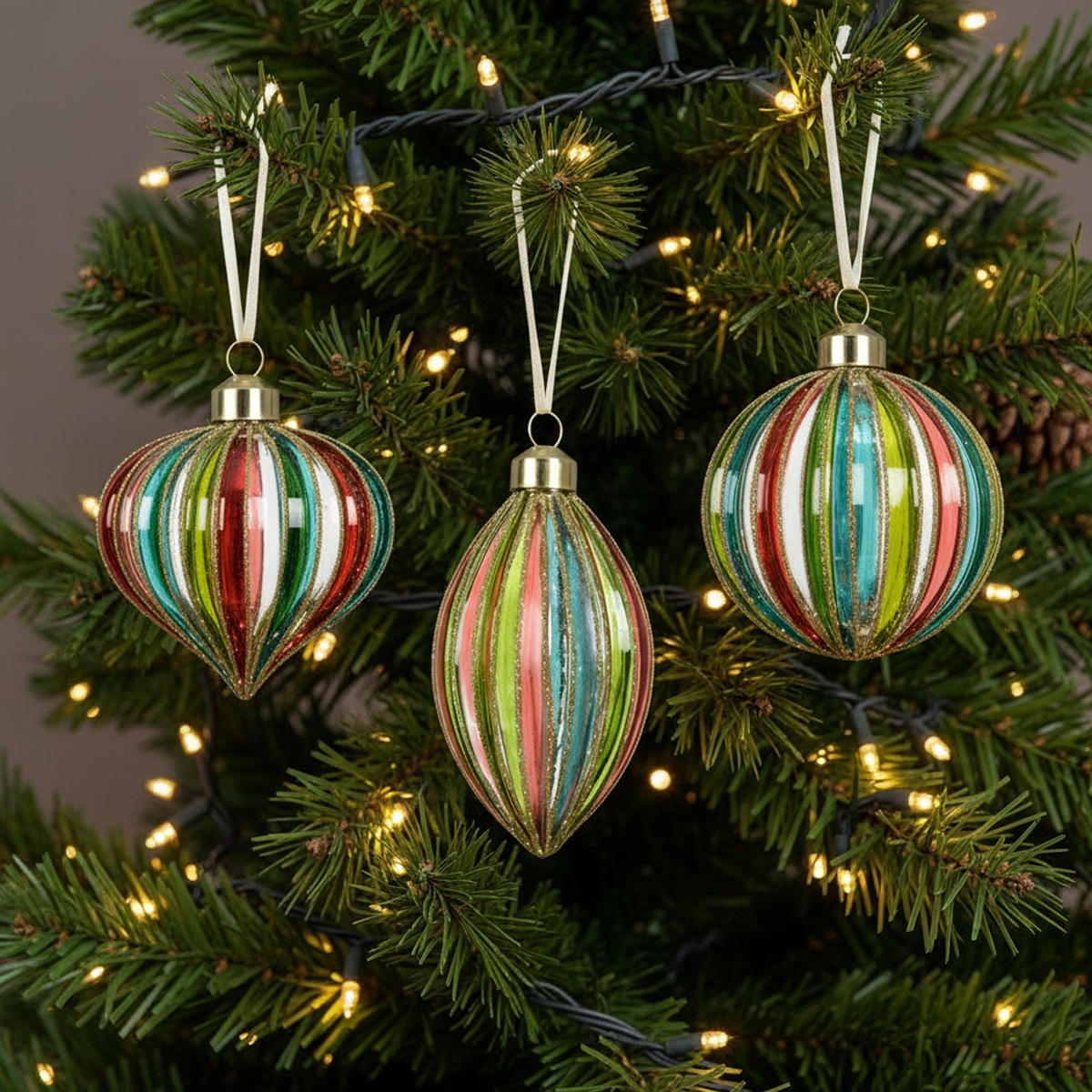 Boules de Noël rayées aux couleurs vives sur un sapin décoré