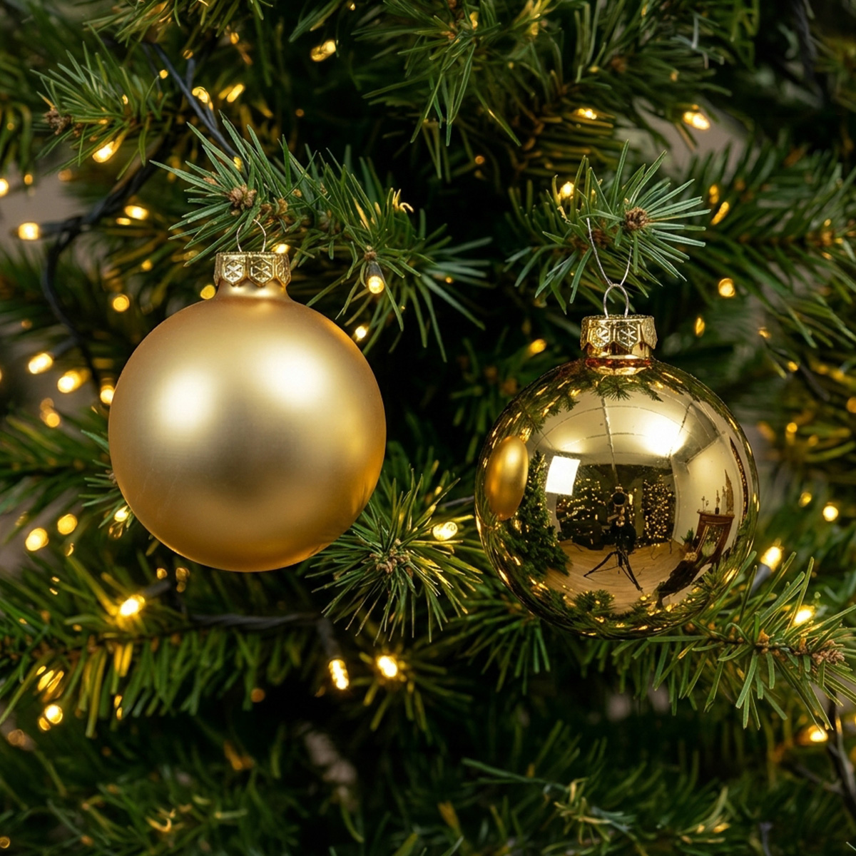 Boules de Noël dorées sur un sapin décoré de lumières