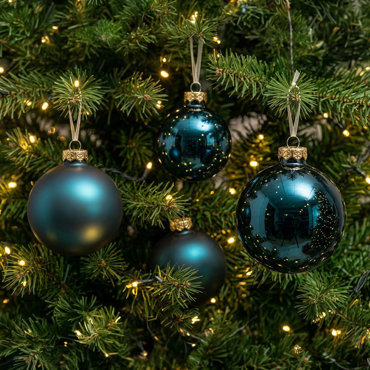 Boules de Noël bleues et vertes sur un sapin décoré de lumières
