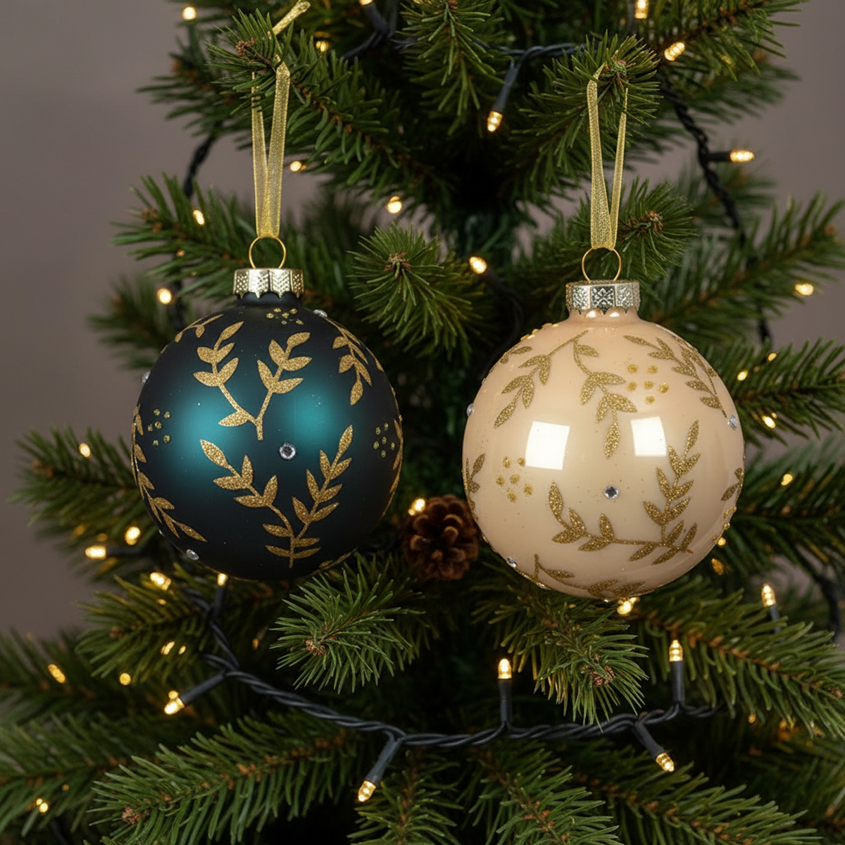 Boules de Noël vertes et beiges avec des motifs dorés sur un sapin