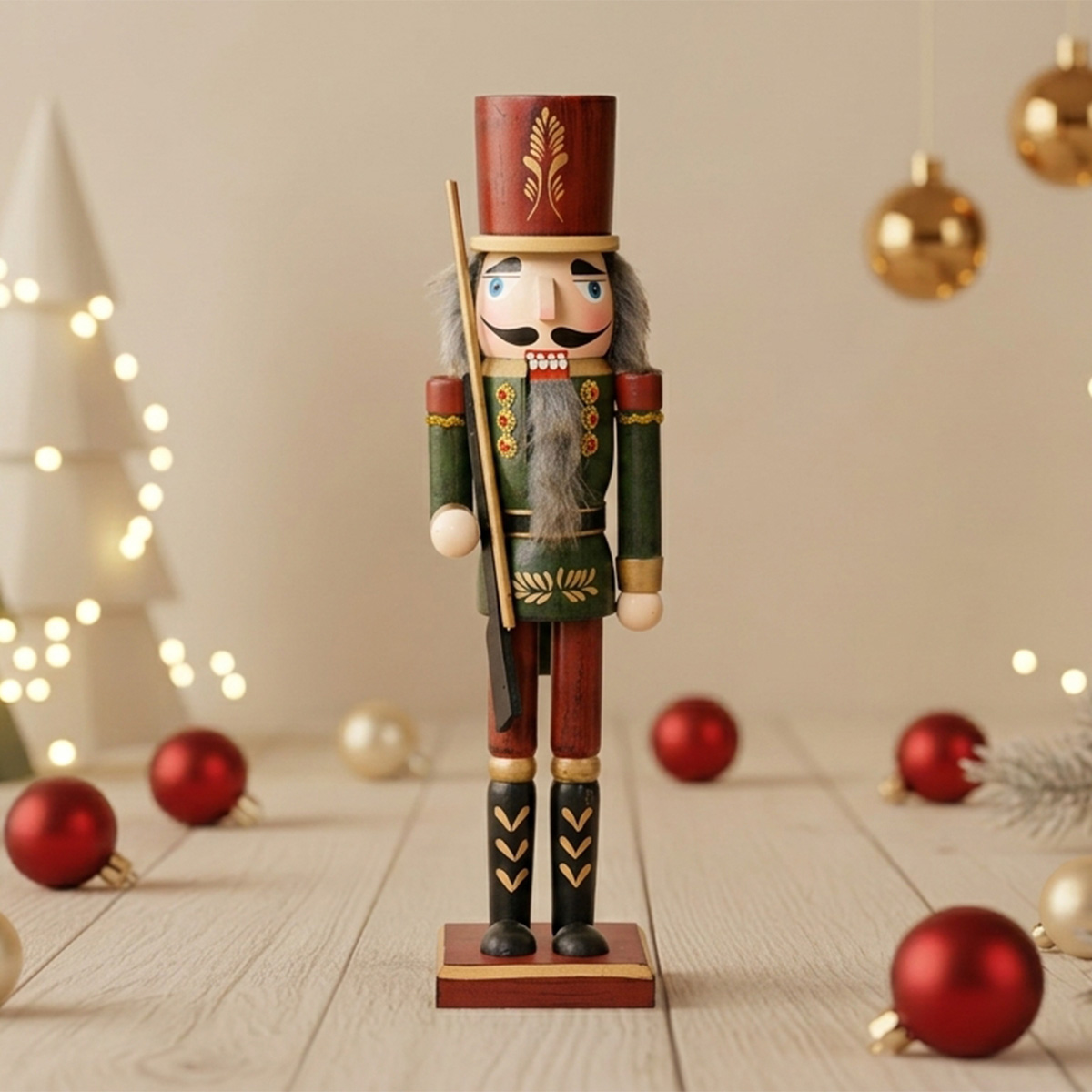 Casse-noisette soldat en bois avec fusil, entouré de décorations de Noël