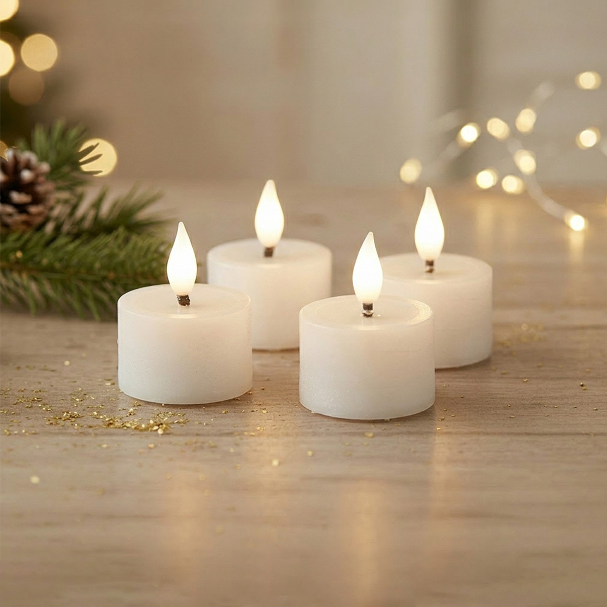 Bougies LED blanches sur un support blanc avec des paillettes dorées