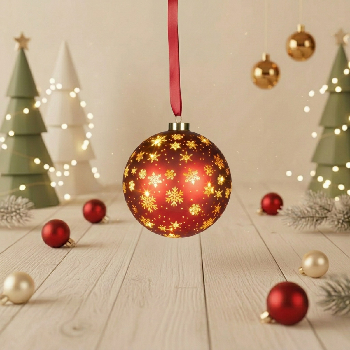 Boule de Noël rouge ornée de flocons de neige dorés sur un sapin illuminé