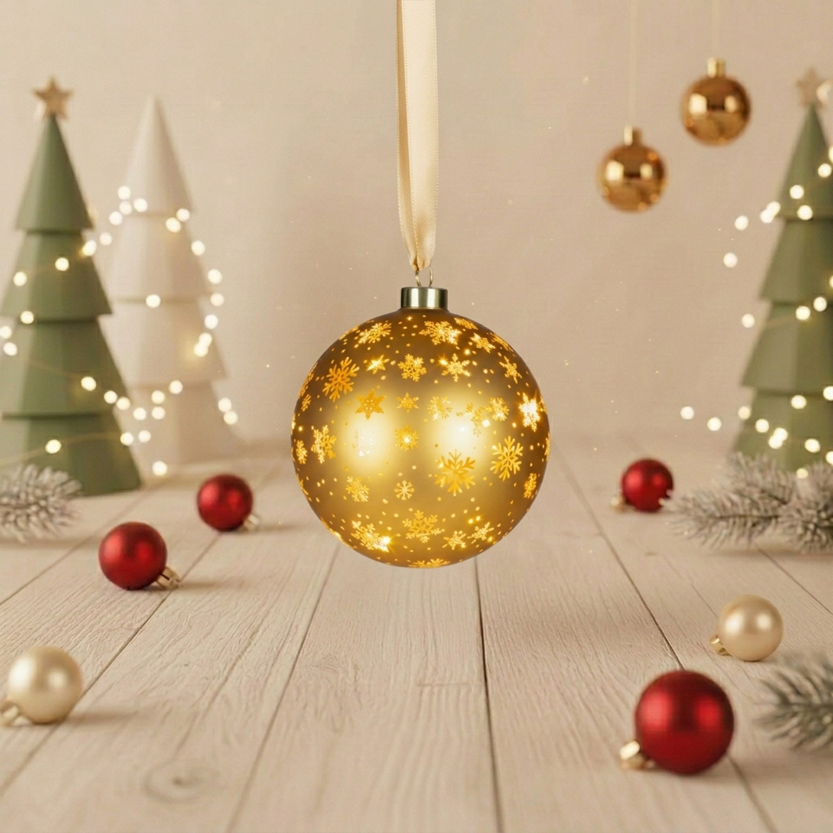 Boule de Noël dorée avec flocons de neige sur un sapin illuminé