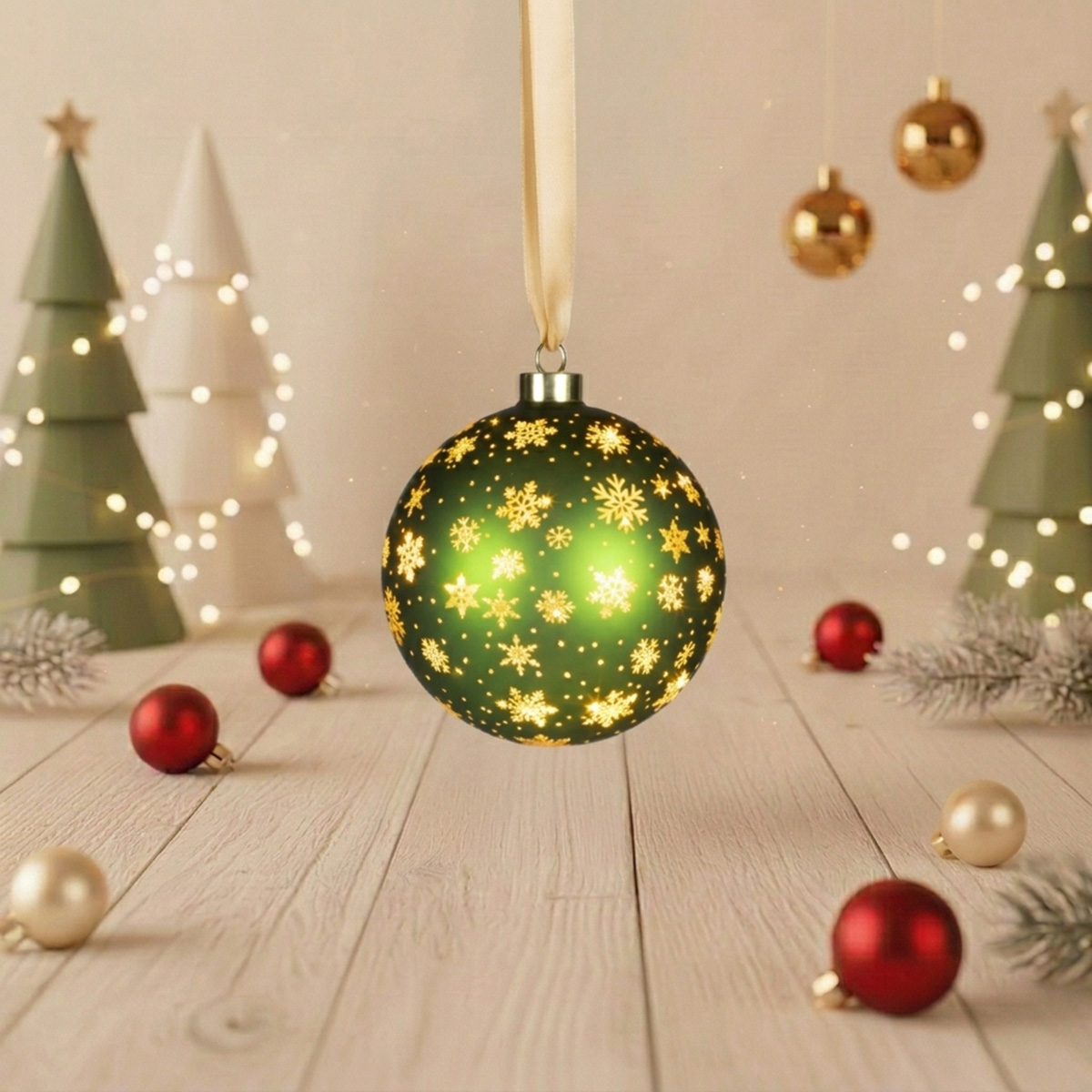 Boule de Noël verte ornée de flocons de neige dorés sur un sapin illuminé
